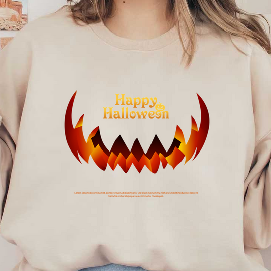 Un gráfico vibrante de "Feliz Halloween" con letras divertidas y llamas estilizadas, perfecto para decoraciones festivas.