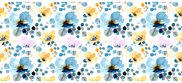 A beautiful floral pattern featuring blue, pink, and yellow blossoms on a black background.UV Transfers