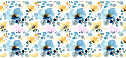 A beautiful floral pattern featuring blue, pink, and yellow blossoms on a black background.UV Transfers