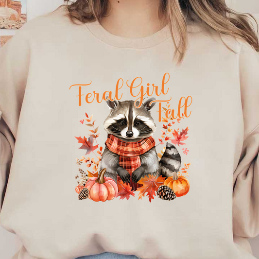 A cute raccoon wearing a plaid scarf surrounded by autumn leaves, pumpkins, and pine cones, celebrating fall vibes. heat press transfers