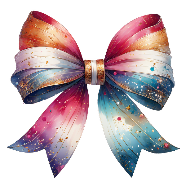 A beautifully crafted, multicolored ribbon bow featuring shimmering gold accents and a gradient of warm to cool tones. heat press transfers