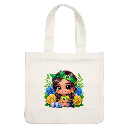 A cute chibi girl wearing a Brazilian flag-themed outfit, surrounded by colorful flowers, exuding a joyful and vibrant spirit.DTF Transfers dtf prints