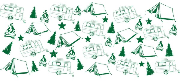 A vibrant pattern featuring green camping trailers, tents, and trees, perfect for outdoor enthusiasts and camping lovers.UV Transfers dtf prints