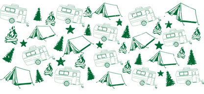 A vibrant pattern featuring green camping trailers, tents, and trees, perfect for outdoor enthusiasts and camping lovers.UV Transfers dtf prints