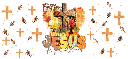Una vibrante ilustración con temática otoñal que presenta calabazas, hojas coloridas y una cruz de madera, con la palabra "Jesús" en letras en negrita. Transferencias UV