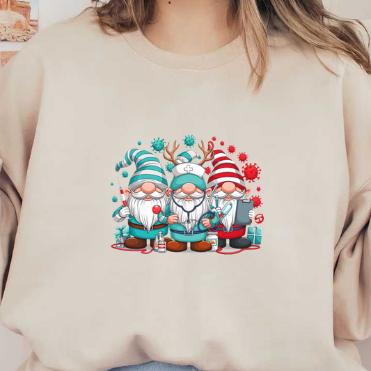 Three cheerful gnomes dressed as healthcare workers, surrounded by colorful virus icons, holding medical tools and festive gifts.DTF Transfers