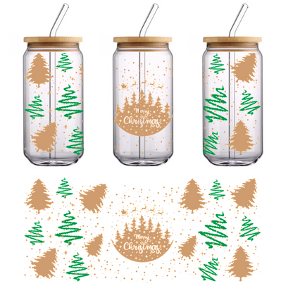 Una ilustración festiva dibujada a mano que presenta árboles de Navidad verdes y un mensaje decorativo de "Feliz Navidad" en un diseño circular central. Transferencias UV