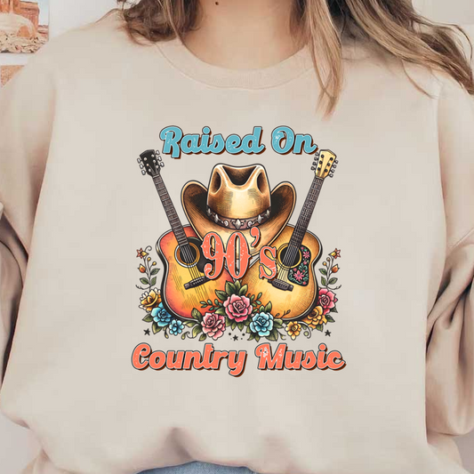 Celebrate your love of 90's country music with this vibrant design featuring guitars, a cowboy hat, and floral elements.dtf regular iron