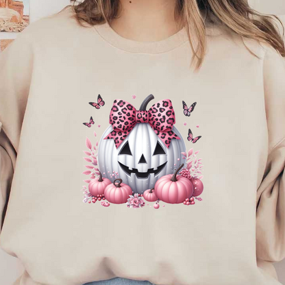 A whimsical Halloween scene featuring a white jack-o'-lantern with a leopard print bow, surrounded by pink pumpkins and butterflies.dtf regular iron