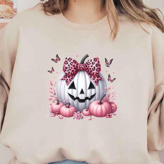 A whimsical Halloween scene featuring a white jack-o'-lantern with a leopard print bow, surrounded by pink pumpkins and butterflies.dtf regular iron