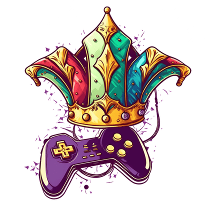 A vibrant illustration featuring a colorful crown with intricate designs resting atop a purple game controller.DTF Transfers