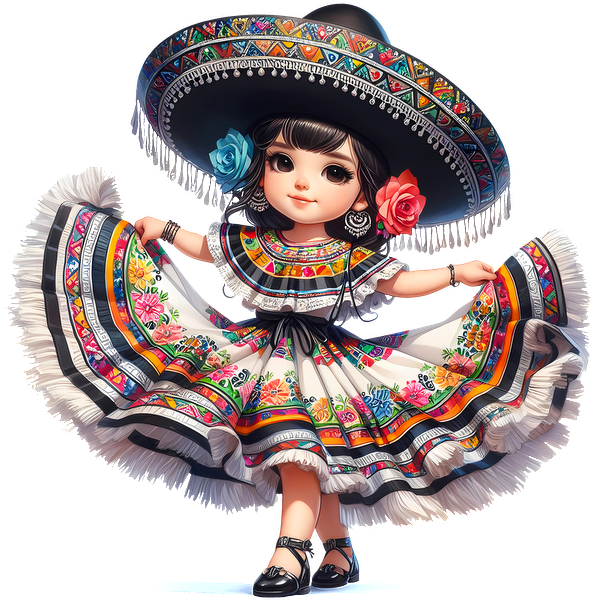 Una encantadora joven con un colorido vestido tradicional mexicano, completo con un sombrero de ala ancha y detalles florales.