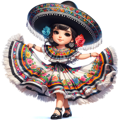 Una encantadora joven con un colorido vestido tradicional mexicano, completo con un sombrero de ala ancha y detalles florales.