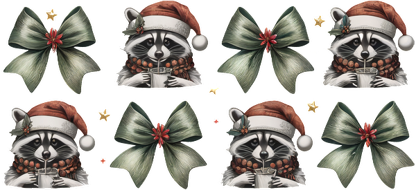 A whimsical holiday-themed design featuring cheerful raccoons in Santa hats surrounded by festive bows and stars.UV Transfers dtf prints