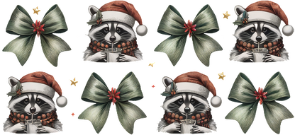 A whimsical holiday-themed design featuring cheerful raccoons in Santa hats surrounded by festive bows and stars.UV Transfers dtf prints