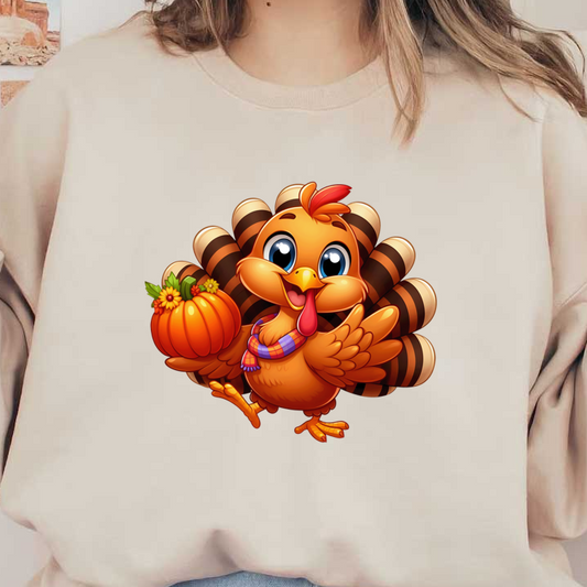 A cheerful cartoon turkey with big eyes, wearing a scarf, holding a small pumpkin, perfect for celebrating Thanksgiving! dtf transfers