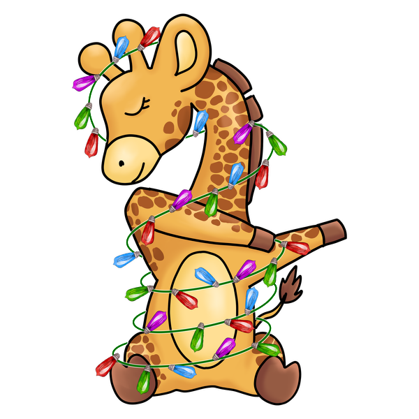 A cheerful cartoon giraffe wrapped in colorful Christmas lights, radiating holiday joy and playfulness. heat press transfers