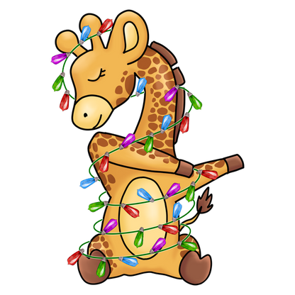 A cheerful cartoon giraffe wrapped in colorful Christmas lights, radiating holiday joy and playfulness. heat press transfers