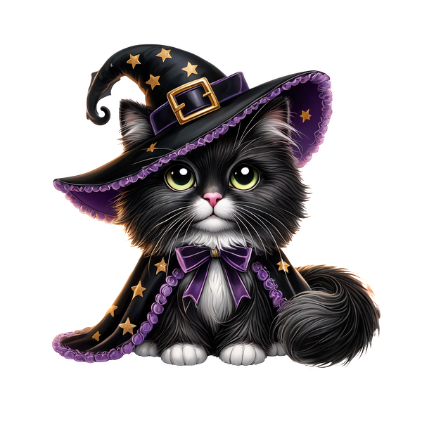 ¡Un lindo gato blanco y negro viste un extravagante sombrero de bruja y una capa estrellada, perfecto para las festividades de Halloween!