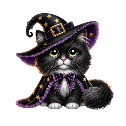 ¡Un lindo gato blanco y negro viste un extravagante sombrero de bruja y una capa estrellada, perfecto para las festividades de Halloween!