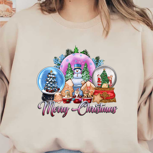 A festive scene featuring colorful Christmas snow globes, gingerbread figures, and a cheerful "Merry Christmas" message, perfect for holiday cheer! heat press transfers