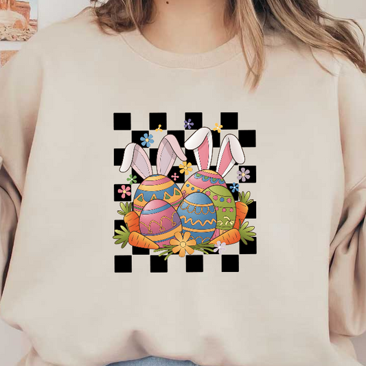 Cheerful Easter scene featuring colorful decorated eggs, playful bunny ears, and vibrant flowers, radiating festive spring vibes.DTF Transfers
