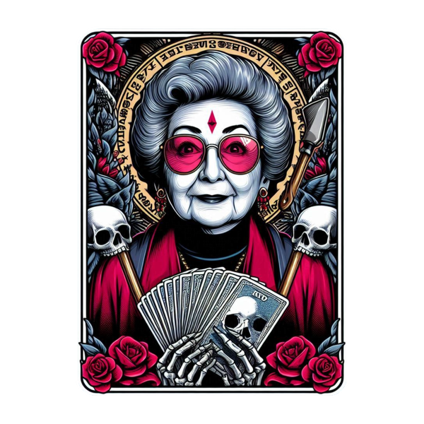 Una representación vibrante y artística de una anciana con gafas, rodeada de rosas y calaveras, sosteniendo cartas parecidas al tarot.