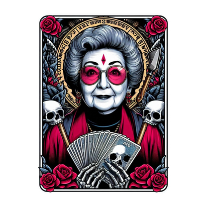 Una representación vibrante y artística de una anciana con gafas, rodeada de rosas y calaveras, sosteniendo cartas parecidas al tarot.