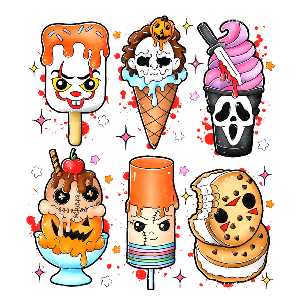 A fun collection of Halloween-themed desserts featuring spooky ice cream, popsicles, and treats, all with playful, chilling designs. heat press transfers