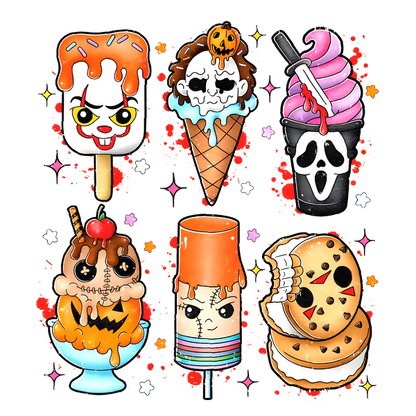 A fun collection of Halloween-themed desserts featuring spooky ice cream, popsicles, and treats, all with playful, chilling designs. heat press transfers