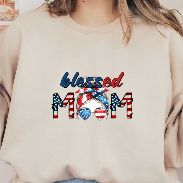 A stylish graphic design featuring a patriotic mom with a bandana, adorned with "blessed" and "MOM" in bold colors.dtf regular iron