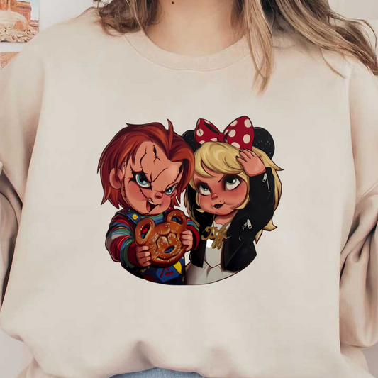 A playful illustration featuring two creepy-cute characters resembling a doll with stitched features and a girl in a Minnie Mouse bow. heat press transfers