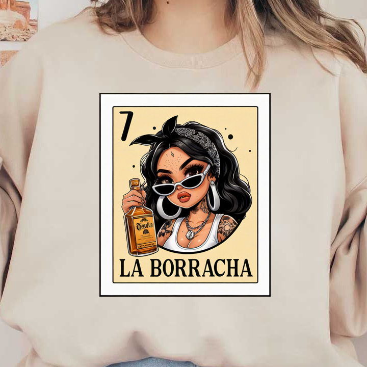 Una ilustración vibrante que muestra a una elegante mujer con gafas de sol y tatuajes, sosteniendo una botella de tequila etiquetada "La Borracha".