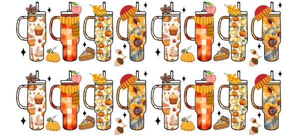 A cheerful collection of autumn-themed mugs adorned with cozy designs, featuring pumpkins, sunflowers, and warm colors perfect for fall.UV Transfers heat press transfers