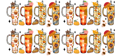 A cheerful collection of autumn-themed mugs adorned with cozy designs, featuring pumpkins, sunflowers, and warm colors perfect for fall.UV Transfers heat press transfers