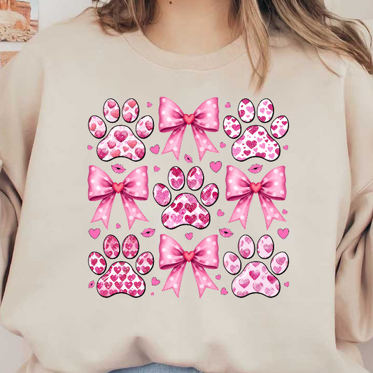 Cute pink heart-adorned paws and bows on a green background.DTF Transfers