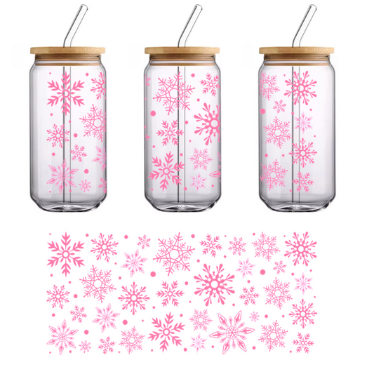 A whimsical pattern of vibrant pink snowflakes in various intricate designs, perfect for festive decorations or winter-themed projects.UV Transfers heat press transfers