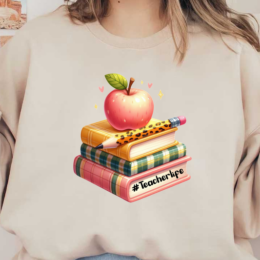 A colorful stack of books topped with a shiny red apple and a playful leopard-print pencil, celebrating #Teacherlife!DTF Transfers