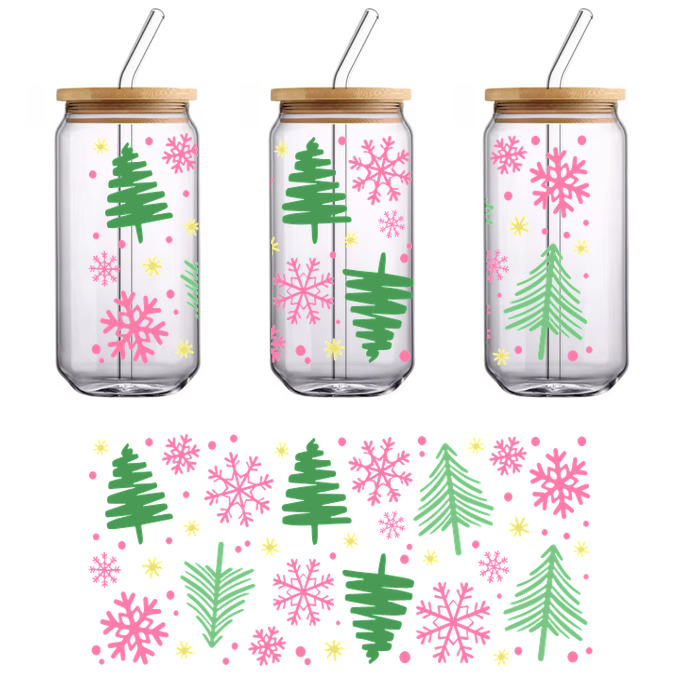 A festive pattern featuring green Christmas trees, pink snowflakes, and cheerful yellow dots, perfect for holiday decorations!UV Transfers dtf transfers