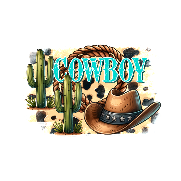 Un diseño vibrante con temática de vaquero que incluye un sombrero clásico, cactus y un lazo con texto en negrita que dice "COWBOY".