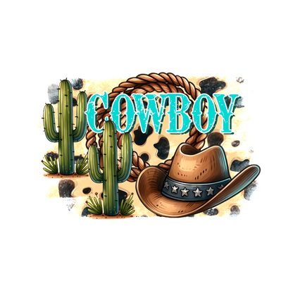 Un diseño vibrante con temática de vaquero que incluye un sombrero clásico, cactus y un lazo con texto en negrita que dice "COWBOY".