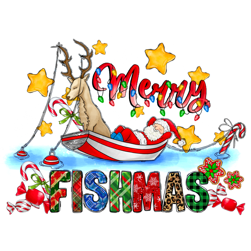 Celebrate the holiday spirit with this whimsical illustration of Santa fishing with a reindeer in a colorful boat!DTF Transfers dtf transfers