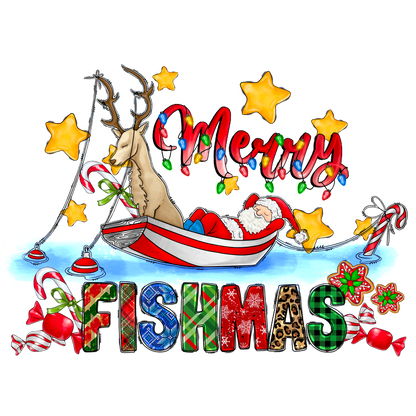 Celebrate the holiday spirit with this whimsical illustration of Santa fishing with a reindeer in a colorful boat!DTF Transfers dtf transfers