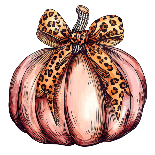 A charming pink pumpkin adorned with a stylish leopard print bow, perfect for autumn decor. dtf transfers