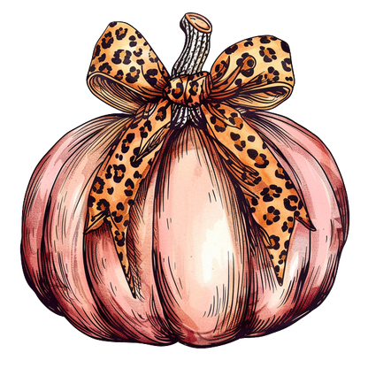 A charming pink pumpkin adorned with a stylish leopard print bow, perfect for autumn decor. dtf transfers