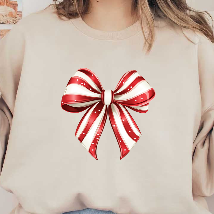 A festive red and white striped bow with polka dots, perfect for adding cheer to gifts and decorations. dtf prints