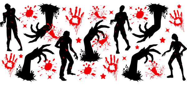 A chaotic collection of vibrant red splatters and handprints, perfect for a dramatic or spooky themed design.UV Transfers heat press transfers