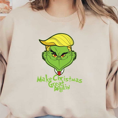 A humorous design featuring a cartoon Grinch with a blonde hairstyle and the phrase "Make Christmas Great Again" in vibrant colors.DTF Transfersdtf regular iron dtf prints