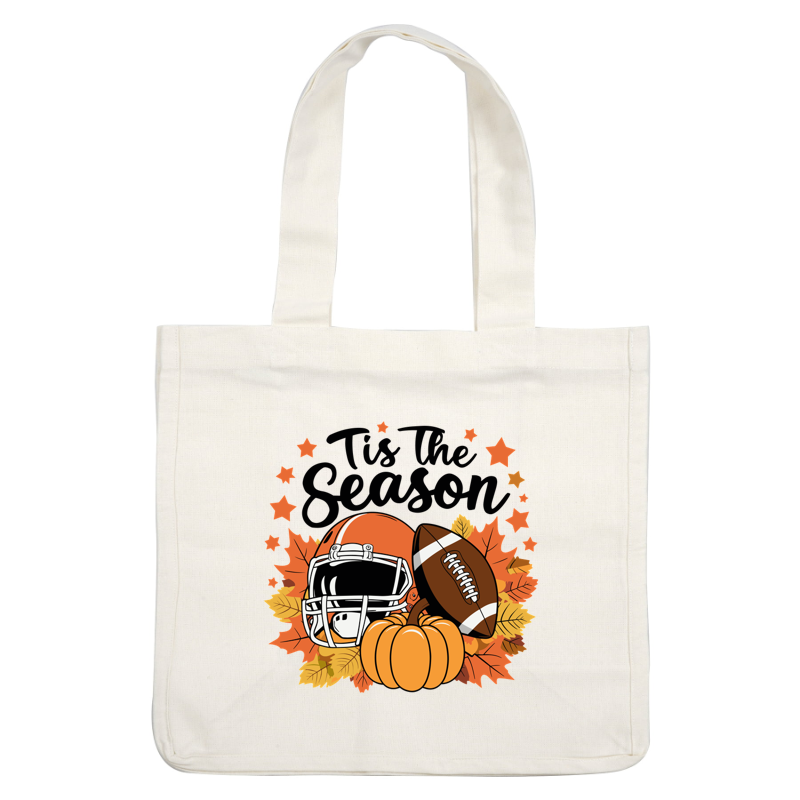 Celebrate the season with this autumn-themed design featuring a football, helmet, and pumpkin surrounded by colorful leaves. dtf prints