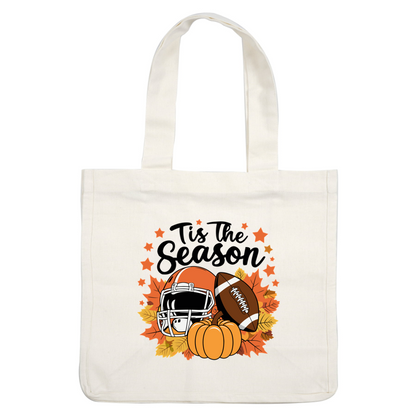 Celebrate the season with this autumn-themed design featuring a football, helmet, and pumpkin surrounded by colorful leaves. dtf prints